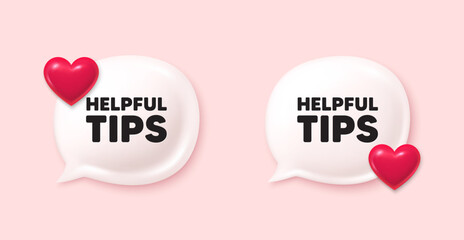 Wall Mural - Helpful tips tag. Chat speech bubble 3d icons. Education faq sign. Help assistance symbol. Helpful tips chat offer. Love speech bubble banners set. Text box balloon. Vector