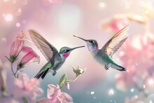 Two Hummingbirds Floating Near Flowers Generative AI