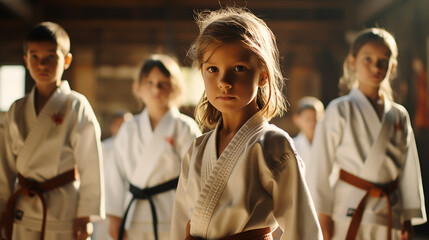 Wall Mural - young, beautiful, successful multi ethical kids in karate position