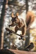 funny squirrel with bushy tail jumping in the air doing a skate board trick 