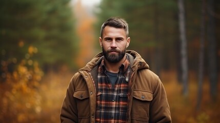 Wall Mural - A man in a plaid shirt and dark brown jacket stands in the forest and looks at the camera with large copyspace area