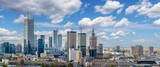 Fototapeta Miasto - Warsaw city center, PKiN and skyscrapers under blue cloudy sky aerial landscape