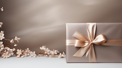 Wall Mural - An elegant abstract pattern adorning a wrapped gift box, complemented by a satin ribbon, exuding simplicity and finesse.