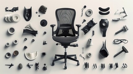 Task desk chair in pieces against a white background. Components of an office chair.