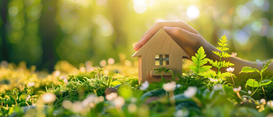 Eco-friendly living concept with hands holding house model