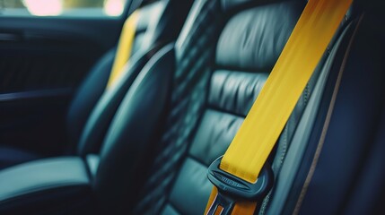 Wall Mural - a luxurious black car seat with a yellow seat belt buckled in it.