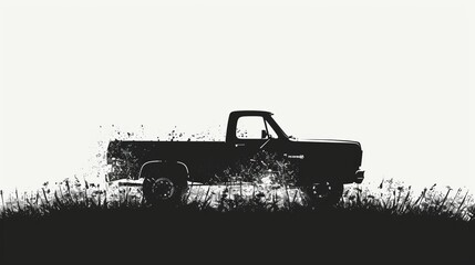 Wall Mural - black and white vector silhouette of pickup truck from side