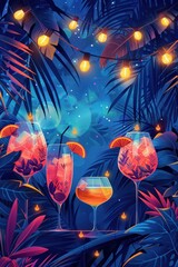 Wall Mural - Abstract minimalistic background for a summer holiday party with palm trees, alcoholic cocktails, garlands