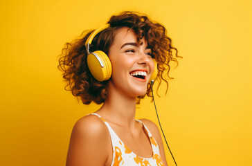 Wall Mural - attractive young woman enjoying music and posing smiling to the camera against yellow background with headphones