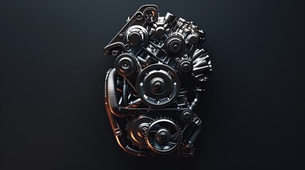 car engine, top view, render light, black background