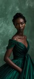 Fototapeta Konie - elegant emerald green satin silk dress black woman model posing 