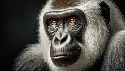 Close up gorilla portrait on dark background.