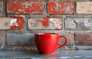 Canvas Print - red coffee cup on white table against a brick wall