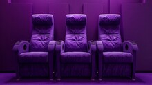 Three Plush Purple Theater Seats, A Deep Purple Backdrop, A Clear Frame, A Product Shot, A Wide Shot, A Square Shot, A Packshot, And No Shadows