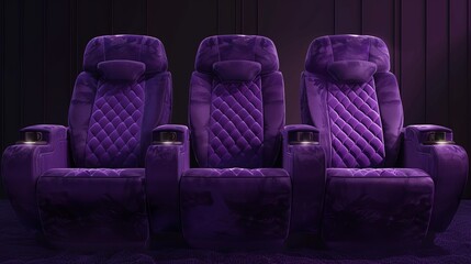 Wall Mural - Three plush purple theater seats, a deep purple backdrop, a clear frame, a product shot, a wide shot, a square shot, a packshot, and no shadows