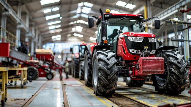 Tractor Manufacture work. There is an assembly line at the farm machinery factory. Installation of parts on the tractor body