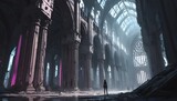 Fototapeta Nowy Jork - Cyberpunk female model figure in ruins of a huge  ancient gothic cathedral