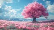 A lone large cherry tree in full bloom amidst a field of pink flowers under a blue sky.Digital art style. For book covers, posters, web backgrounds. Festival and cultural. With copy space.