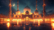 3D render of a beautifully lit mosque under the night sky of Ramadan, with intricate architectural details and glowing lanterns surrounding the entrance, welcoming the faithful