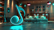 3D render of a conceptual speaker in the form of a music note, showcasing innovative design and audio technology, with a focus on futuristic aesthetics and ambient lighting