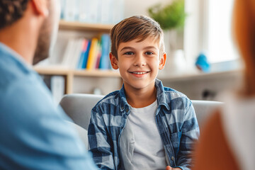 Wall Mural - Therapist, psychology and boy on a chair, talking and child development with a smile, foster home and adoption.