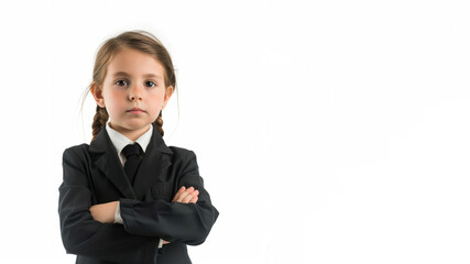 a studio portrait picture of little girl dressed up as a manager isolated on white background