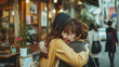 カフェの外で抱き合う日本人女性2人GenerativeAI