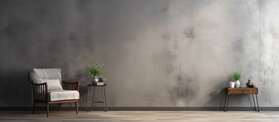 Wall Mural - A chair and a table are placed in a bright vintage loft room with a wooden floor and aged grey plaster concrete walls.