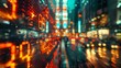 Captivating image of a person walking amidst vibrant city lights, rendered with a motion blur effect