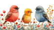 Trzy kolorowe małe ptaki siedzą na gałęzi z bujnymi kwiatami i liśćmi. Rodzinka ptaków, żółty dziecko, czerwona mama i niebieski tata. Styl watercolor painting.