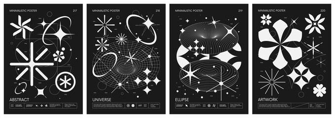 Poster - Black and White minimalistic Posters acid style with strange wireframes geometrical shapes and silhouette y2k basic figures, futuristic design inspired by brutalism, set 55