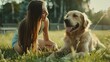 © i_love_photos - Happy beautiful girl playing with a happy golden retriever dog on the backyard lawn.