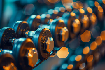 dumbbells gym closeup against blurred fitness club background