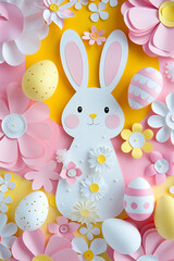 Wall Mural - paper cut style easter greeting card border frame with bunny, flowers and eggs. 