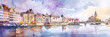 Panoramic watercolor illustration of european cityscape along river. travel concept. vacations concept. Europa, Coimbra, Sevilla, amsterdam, lisboa,...