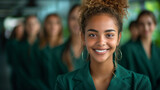Fototapeta  - Une femme en costume vert souriante au premier plan devant un groupe de personne en tenue corporate verte, symbolisant les actions RSE de l'entreprise et reflétant sa politique diversité et inclusion