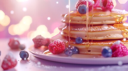 Canvas Print -  Pancakes with mixed berries and maple syrup