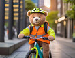 Cute teddy bear with high visibility vest riding bike in city street
