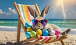 Easter bunny with sunglasses is relaxing with colorful eggs in a sun lounger on the beach