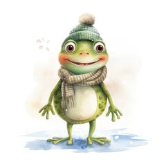 Wall Mural - Watercolor illustration of a cute frog wearing a knitted hat, scarf on a white background.