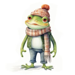 Wall Mural - Watercolor illustration of a cute frog wearing a knitted hat, scarf on a white background.