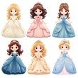 Set of beautiful princesses in luxurious dresses on a white background