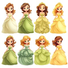 Wall Mural - Set of beautiful princesses in luxurious dresses on a white background