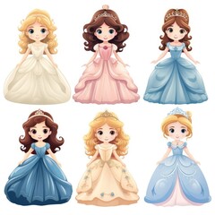 Wall Mural - Set of beautiful princesses in luxurious dresses on a white background