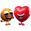 Dwie emotikony 3D. Czerwone serce i żółta buźka. Oboje śmieją się uśmiechnięci. Błyszcząca powłoka