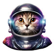 Kot w kosmicznym skafandrze i hełmie znajduje się w nieważkości, eksplorując przestrzeń