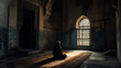 A solitary prayer in contemplative prayer, bathed in the warm glow of a sunlit mosque - Generative AI