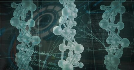 Sticker - Animation of molecules and dna strand over data processing with scope scanning on black background