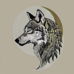 Wall Mural - A drawing of a wolf with a moon in the background, embroidery on white background