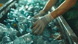 Fototapeta Lawenda - Worker sorting plastic garbage for recycling. Process plastic polymers sorting. Ecology. Concept